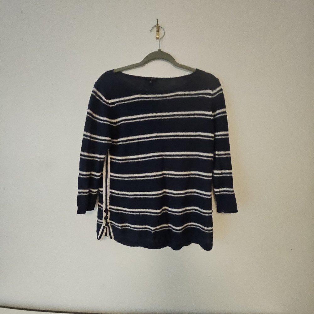 Talbots Navy and Cream Striped Boat Neck Sweater